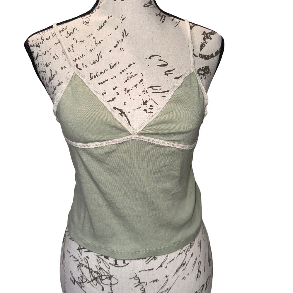 John Galt Brandy Melville Cotton Green Baby Doll Tank Top Cream Trim Crop Small